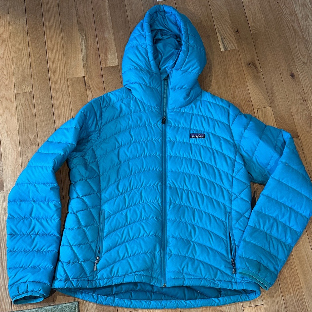 Patagonia Women's Vibrant Teal Hooded Puffer Coat Sz XL